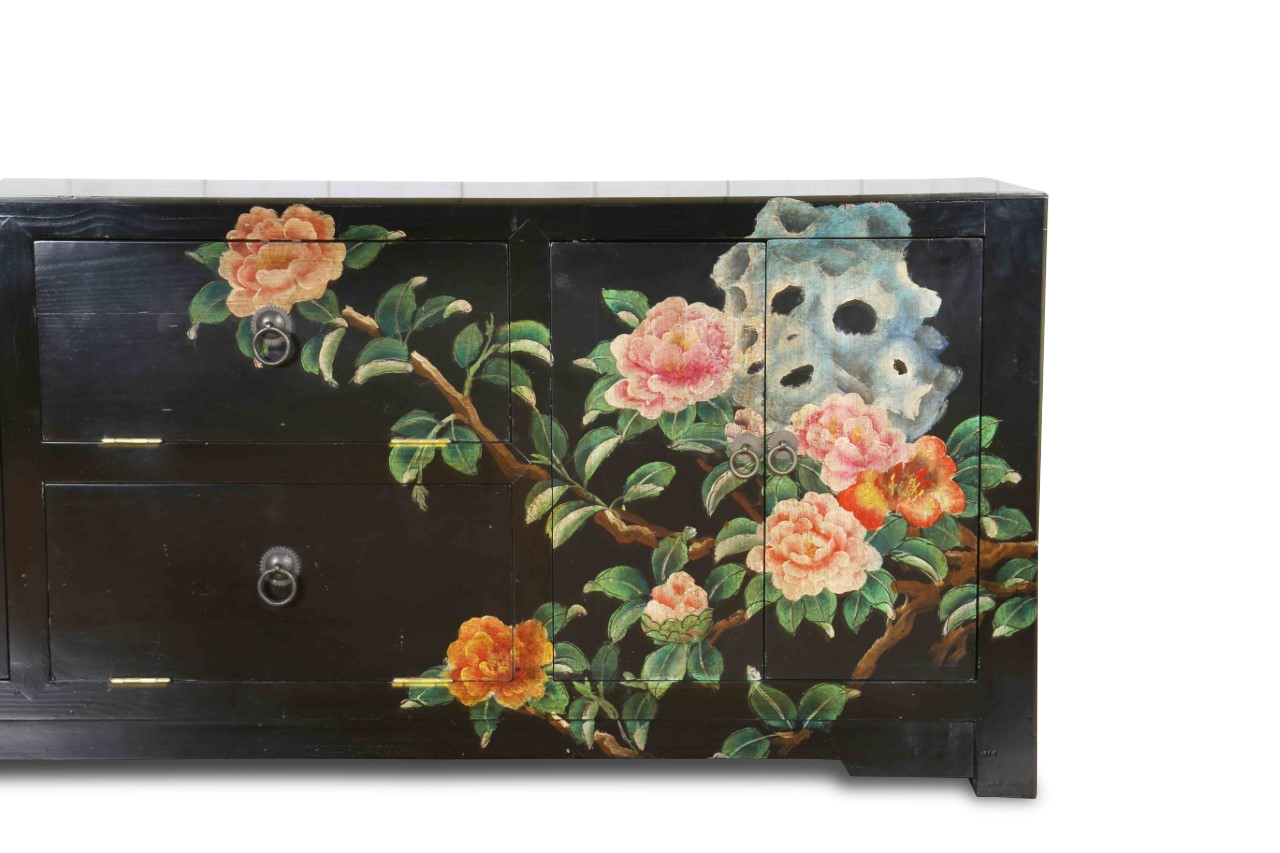 BLACK FLORAL TV ENTERTAINMENT UNIT