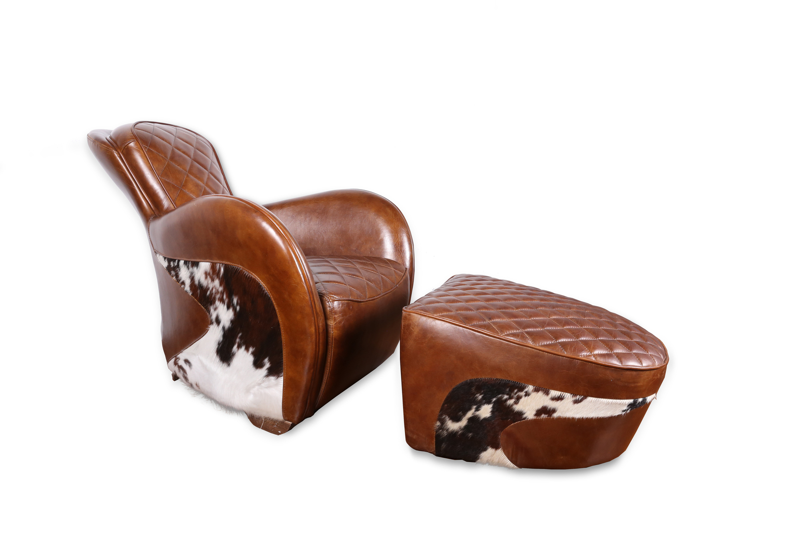 Saddle Brown Leather Cowhide Occasional Chair With Stool