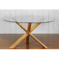 AGAVE ROUND DINING TABLE TIMBER BASE GLASS TOP 140-160DIA
