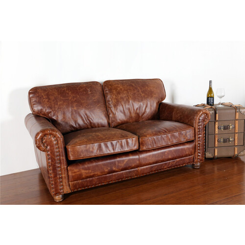 HUDSON | 2-SEATER ANTIQUE LEATHER LOUNGE - COFFEE